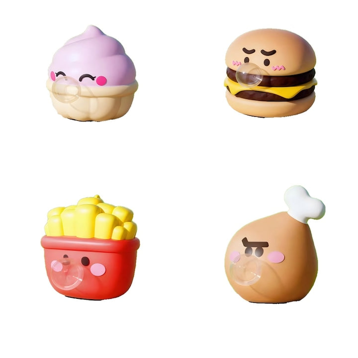 Set 4 Jucarii Antistres Squishy - Pulpa de Pui Hamburger Cartofi Prajiti si Inghetata care Sufla Bule la Stoarcere Jucarie Moale Kawaii Cadou Ideal pentru Copii