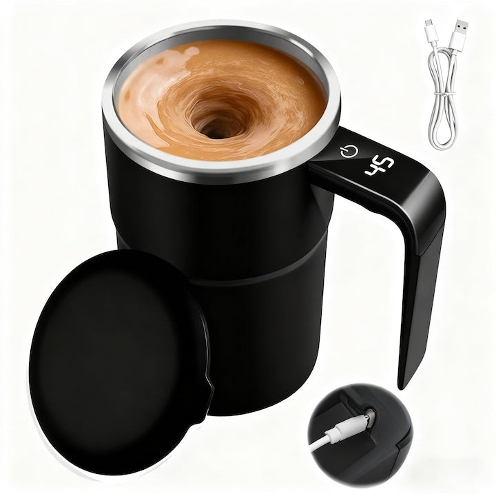Ceasca de Amestecare Automata din Otel Inoxidabil Cana cu Afisaj Temperatura Design Dublu Strat Izolat Anti-Arsura Amestecare Rapida Uniforma 380ml Lavabila Negru