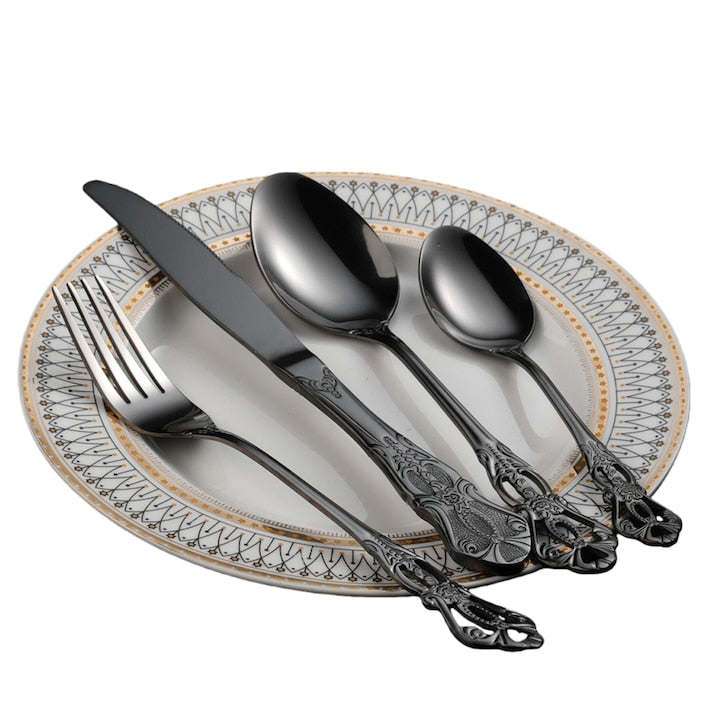 Set tacamuri 4 piese Design regal Otel inoxidabil 410 Model de epoca in relief finisaj lustruit in oglinda Design ergonomic se poate spala in masina de spalat vase potrivit pentru birou calatorii si camping negru
