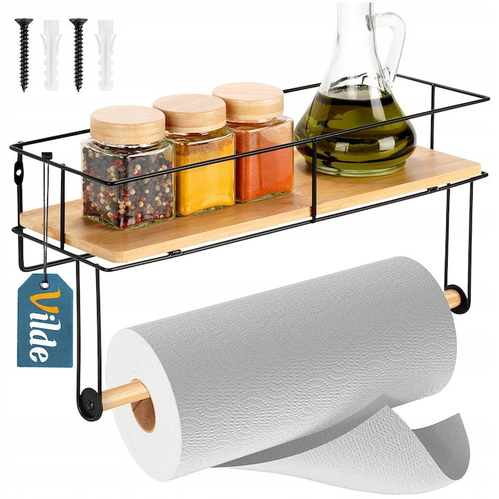 Set Suport prosoape de hârtie cu raft Vilde negru metal cu lemn de bambus 37x12.5x18.5 cm