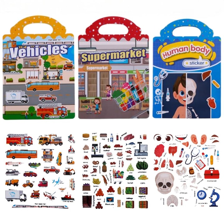 Set 3 Carti Stickere Tip Jeleu Reutilizabile Vehicule Corp Uman Supermarket pentru Copii 3+ Silicon Lavabil Portabila