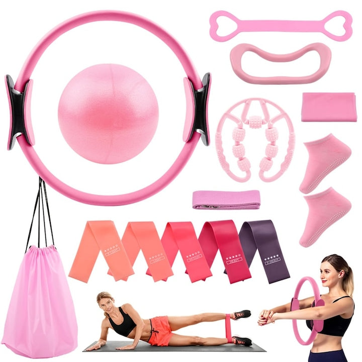 Set Pilates 14 Piese pentru Femei Echipament pentru Exercitii Acasa cu Cerc Pilates Minge Yoga Benzi de Rezistenta Pedal Puller si Geanta de Transport