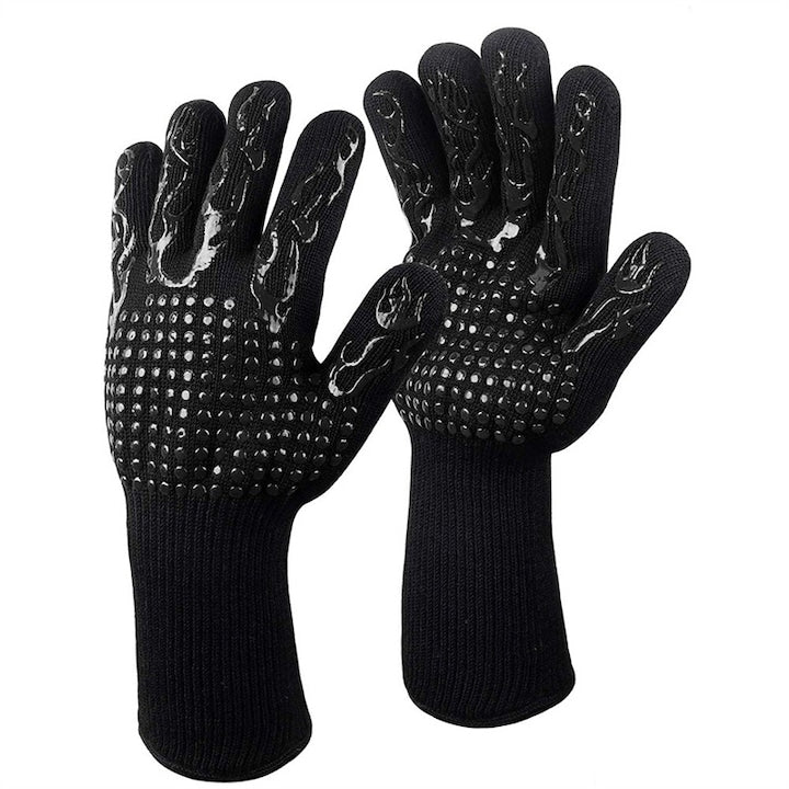 Set 2 Manusi termorezistente pentru gratar si bucatarie Protectie termica antialunecare Marime universala Silicon Negru