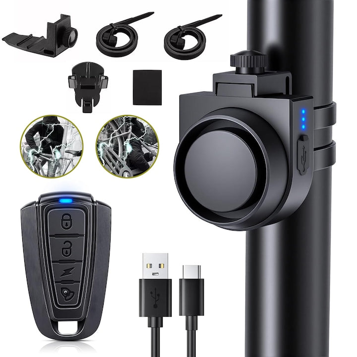 Wireless Bicycle Alarm with Remote Control 115dB Vibration Motion Sensor System USB-C Rechargeable Bicycle Alarms for Electric Bikes Motorcycles Scooters IPX5 Waterproof