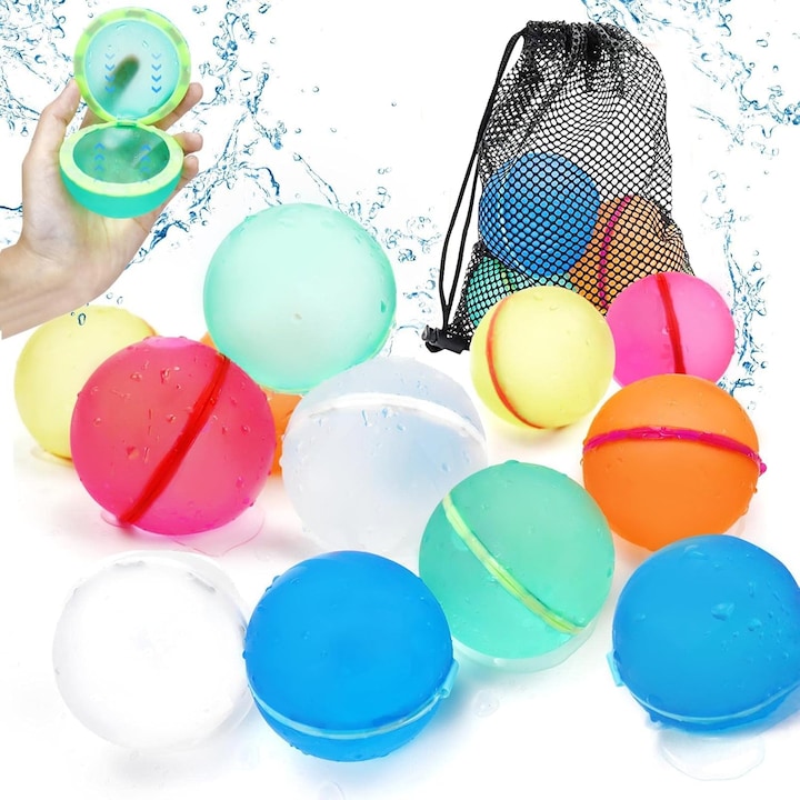 Set 12 Bile de Apa Magnetice Reutilizabile cu Umplere Rapida 3 Secunde + Punga Retea Jucarii pentru Petreceri la Piscina/Plaja (Pentru Copii si Adulti)