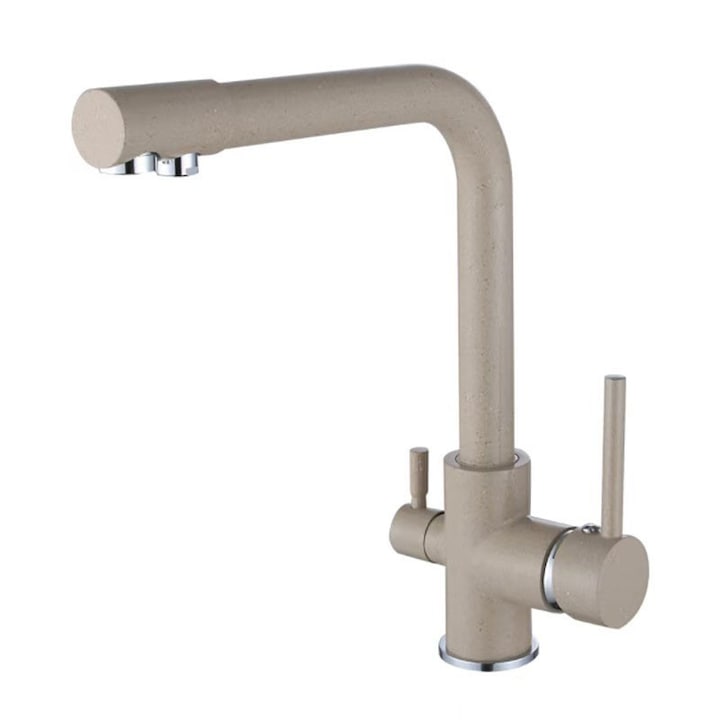 Baterie bucatarie cu 3 cai pentru filtru de purificare Rqiurpn Cartus ceramic Montare pe blatul de lucru Filtrare apa Design elegant Bej