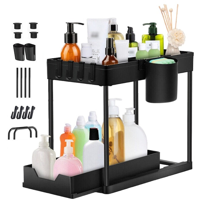 Raft de organizare sub chiuveta cu 2 niveluri 4 carlige si 2 cosuri plastic negru 40x36.5x21cm