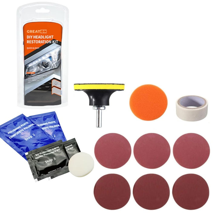 Kit Restaurare Faruri GREATON Cu Adaptor Masina De Gaurit/Bormasina Si Pasta Polish Incluse Discuri Abrazive Lustruire Faruri Auto Usor De Folosit