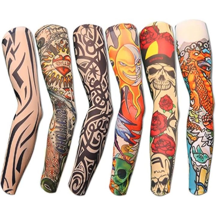 Set 6 maneci tatuaje unisex print 3d cu protectie solara pentru brate pentru sport in aer liber ciclism escaladare Multicolor