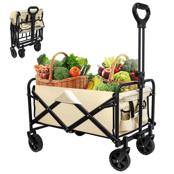 Carucior pliabil de gradina Wacorresi Carucior de camping Storage size: 59X47.8X11.5CM 90L stacking capacity 4.5KG net weight 200 kg load bearing all steel frame Maner Extensibil Roti Cauciucate khaki