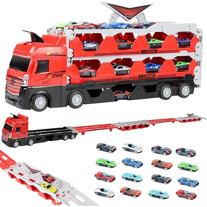 Camion Transformabil cu Depozitare si 16 Masinute – Tir Mare Jucarie cu Pista Extensibila 207cm Lansator si Rampa Set Cadou pentru Baieti 3-6 Ani