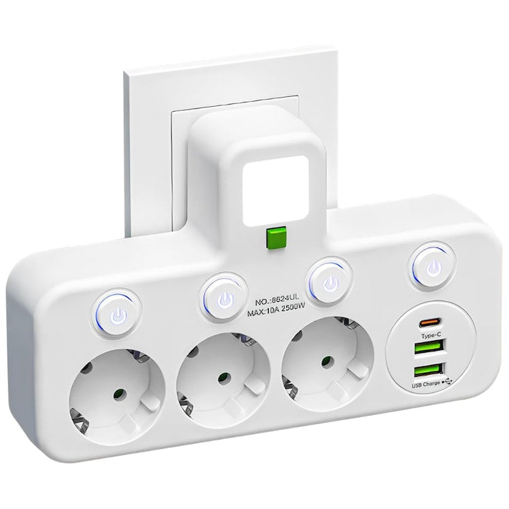 7-in-1 Multiple Socket 2500W 3 Sockets 2xUSB-A/1xUSB-C 4 Individual Switches Night Light Overload and Child Protection Cableless Design For Office Home White