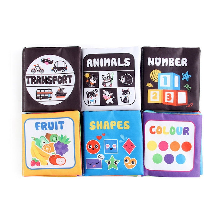 Set 6 carti senzoriale textile pentru bebelusi cu forme numere fructe culori cu fosnaitoare si sunete + 3 luni incurajeaza dezvoltarea sugarului sundiguer alb/negru