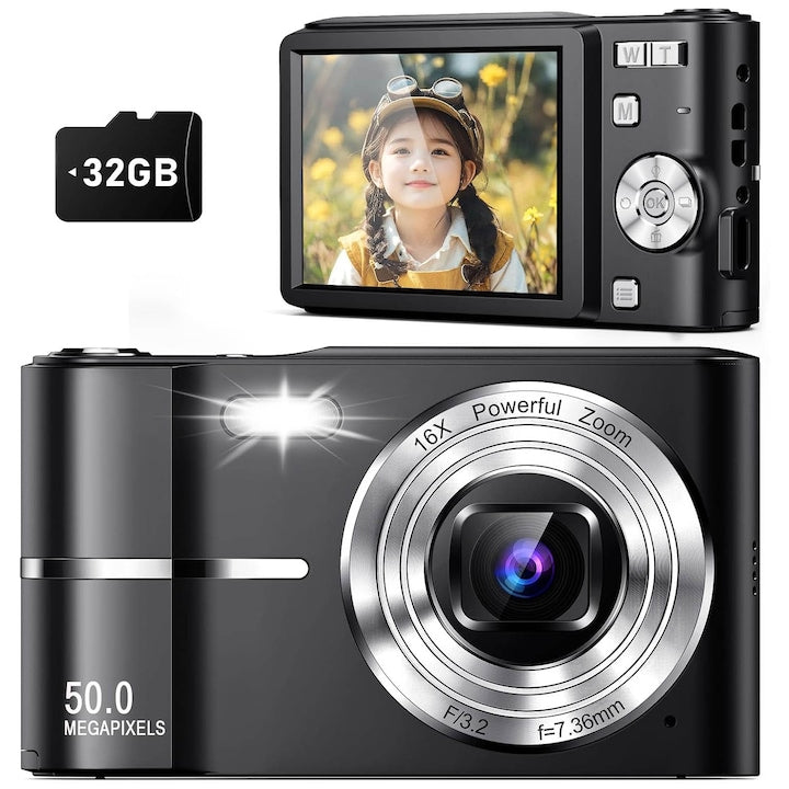 Compact Digital Camera 50 MP FHD 1080P Video 16X Digital Zoom Anti-Shake 2.4 inch Screen 32 GB SD Card OUYLAF Black