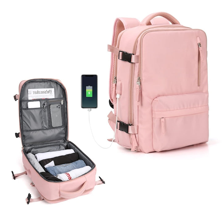 Large Capacity Multifunctional Backpack with USB Port, Polyester Fiber, Water-Resistant, Suitable for Travel/Business/School, 30 x 20 x 43 cm, Pink