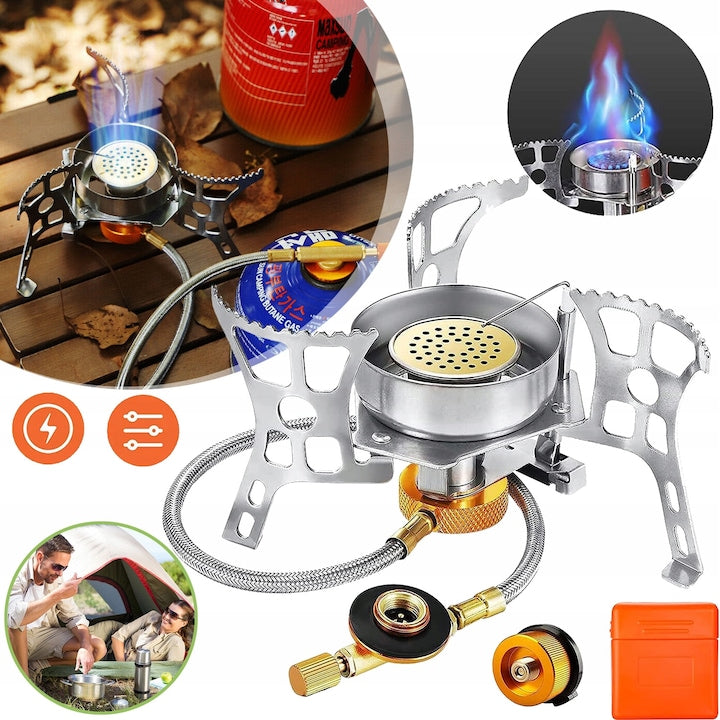Portable Camping Stove 3500W Windproof with Piezo Ignition Foldable Stainless Steel 9x9x9.5cm