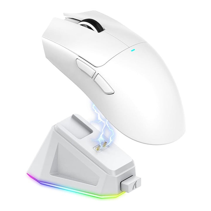 Mouse de gaming cu statie de incarcare magnetica Omelivon 5 Butoane 6 Reglabil DPI 2.4G Cablu Tri-Mode-2.4G/USB-C/BT Ergonomic Slim si Portabil Alb