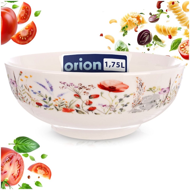 Bol Pentru Salata Orion Maki 1.6 L 20.5 cm Alb Cu Flori Portelan Castron Servire Ramen Paste Fructe Compatibil Microunde Spalare In Masina Design Elegant Calitate Superioara Pentru Bucatarie