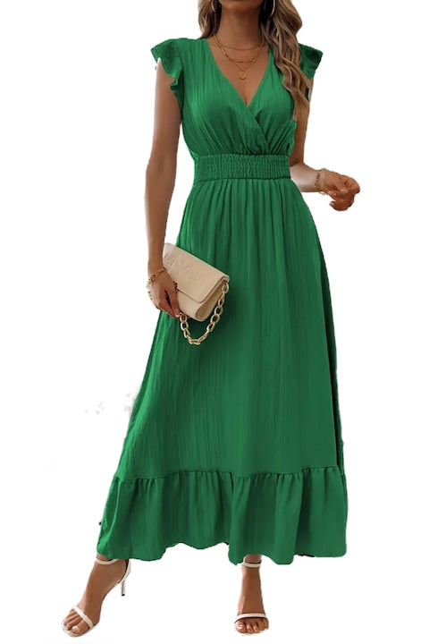 import - Long summer dress with a deep V-neck, light fabric, Emerald Green 12 installments with 0% interest