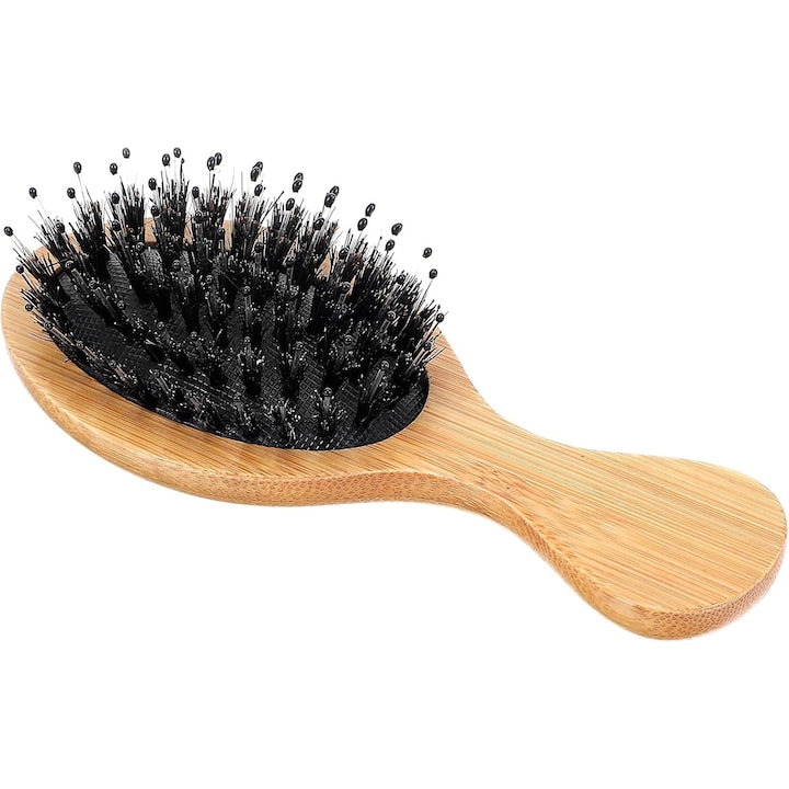 Portable travel hairbrush for detangling, with boar bristles and rounded nylon pins, wooden, 14 x 6cm