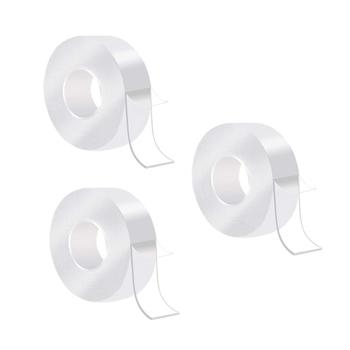 Set of 3 Double-Sided Tapes - Insulating, Waterproof, Reusable, Nano-Technology, 3 cm width, 5 meters length, Transparent