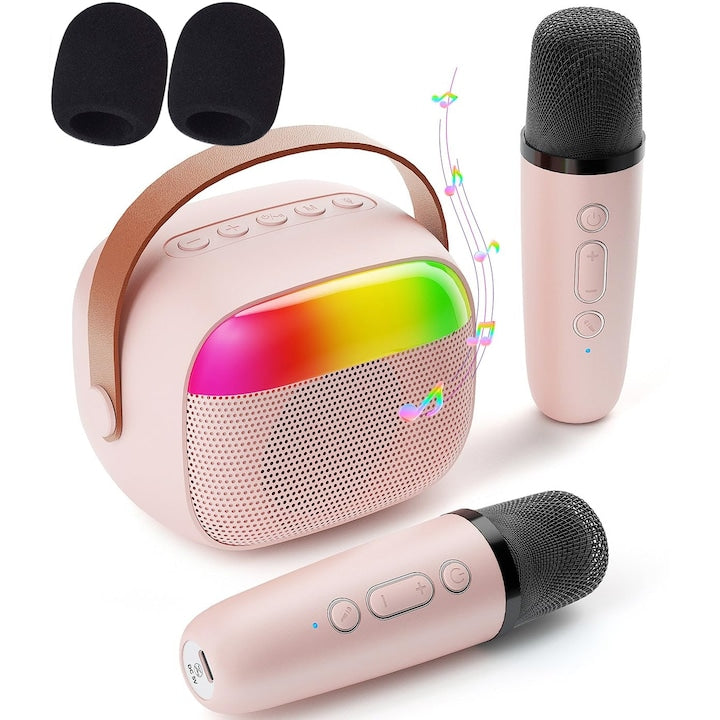 Mini Karaoke pentru Copii cu Lumini LED Boxa Bluetooth Portabila Roz 2 Microfoane Wireless Cadou Pentru Fete si Adulti Cu Huse Microfon Gratis
