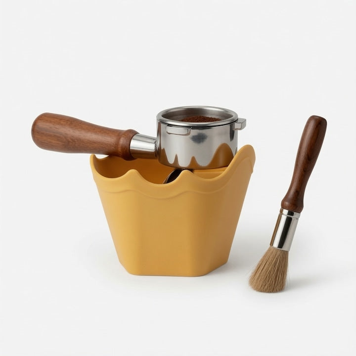 Cutie pentru zat de cafea Galben cu Pernute Silentioase Anti-zgomot + Perie Curatare