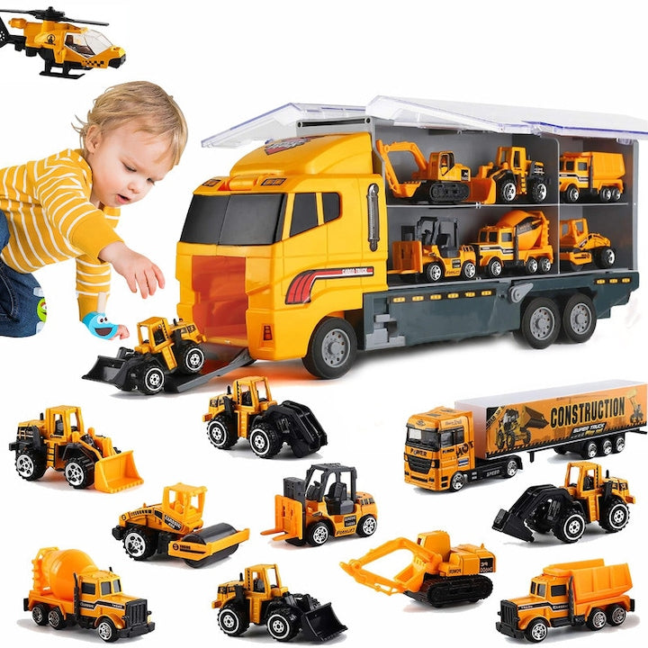 Set de masinute 12 in 1 echipamente de constructie excavator buldozer mixer de beton elicopter galben dimensiuni variate