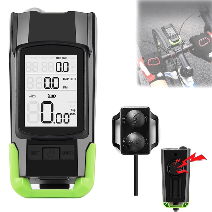 Ciclocomputer Bicicleta Multifunctional SANSES Wireless Ecran Display LCD Kilometraj Vitezometru Far LED Bicicleta 4 Moduri de Iluminare Claxon 120 dB Acumulator 4000mAh USB Rezistent la Apa Verde