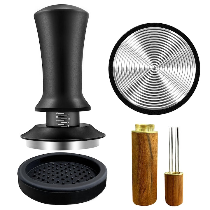 Tamper cafea espresso 51 mm cu instrument WDT calibrat cu arc cu covoras de silicon pentru apparat de cafea espresso Silicon/Otel inoxidabil WALALLA Negru