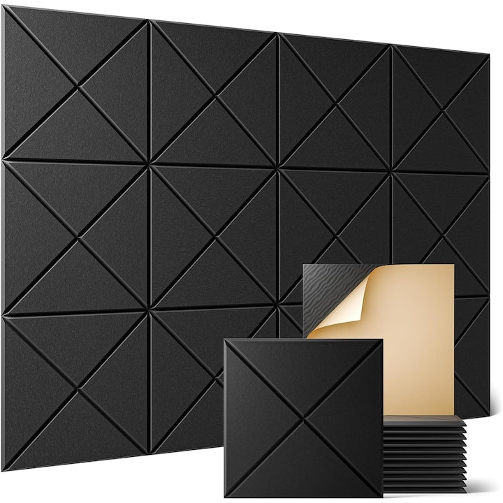 Set of 12 WALALLA Self-Adhesive Acoustic Panels 30x30x0.9cm for Soundproofing and Decoration, Black