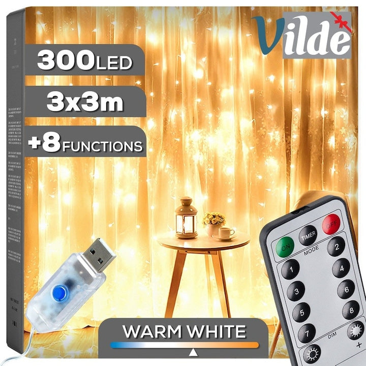 Instalatie Perdea Luminoasa Decorativa Cu 300 Led-Uri Si Telecomanda Vilde Clasic Cu Carlige 3x3 M Alimentare Usb Lumina Alb Cald 8 Moduri De Iluminare Cu Timer Si Reglare Luminozitate Decoratiune Festiva Craciun Pentru Fereastra Transparent