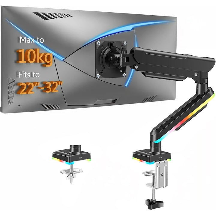 Brat RGB pentru un singur monitor compatibil cu ecrane de 22-32 inch suporta ecrane de pana la 10 kg suport pentru monitor de birou cu lumini RGB 19 moduri suport pentru monitoare de calculator suport VESA cu clema si baze cu inele de fixare WALALL