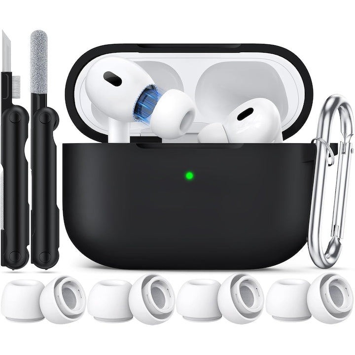 Husa Silicon Protectie pentru AirPods Pro 2 cu Breloc Carabina Incarcare Wireless Protectie integrala Anti-zgarieturi si rezistent la socuri 4 perechi dopuri pentru casti L/M/S/XS OUYLAF Negru Husa din silicon pentru Apple AirPods Pro 2 cu breloc
