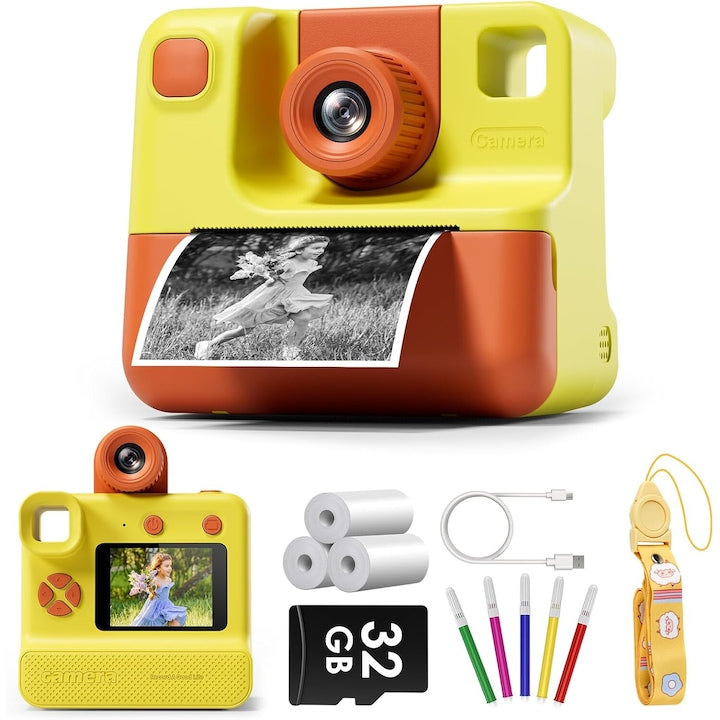 Jucarie foto instantanee pentru copii WALALLA ecran IPS de 2 inch camera rotativa la 180 de grade zoom 10x card de 32 GB jocuri educative muzica potrivita pentru petrecere/cadou pentru copii abs galben