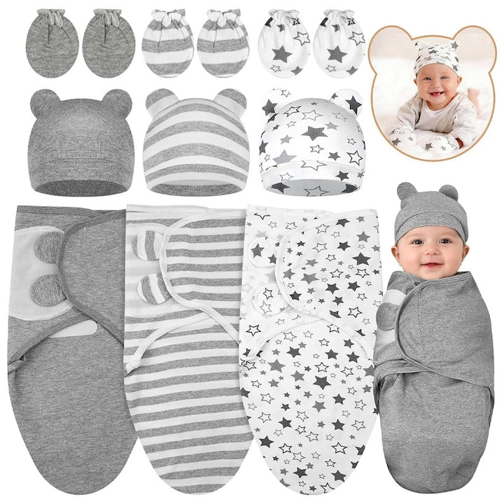 Set 3 paturi de infasat bebelusi Omelivon Cu sapca Moale si confortabila Din bumbac Pentru copii 0-3luni 50 x 73 cm Gri/Alb