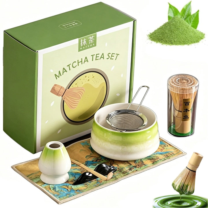Set de Ceai Matcha 7 Piese SANSES Bambus/Ceramica Bol Matcha Tel de Ceai Suport pentru Tel de Ceai Lingura Suport pentru Lingura Laveta de Ceai Sita Verde Deschis