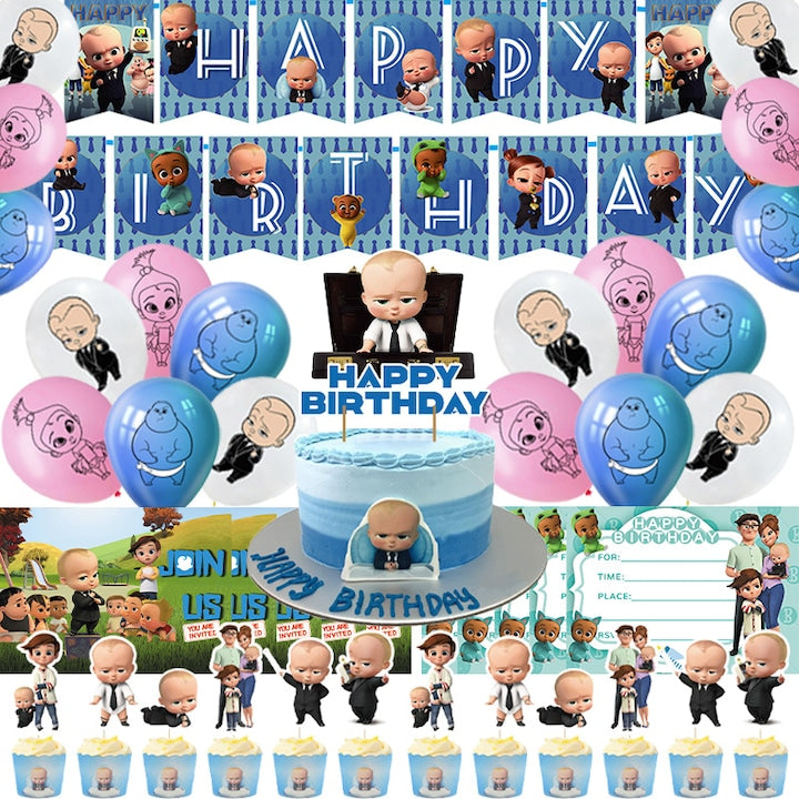 Set petrecere tematic Boss Baby Fantasy 44 accesorii bannere baloane invitatii insertii tort multicolor