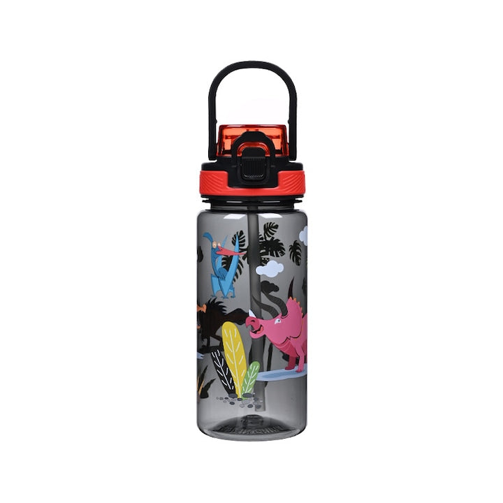 Sticla de Apa pentru Copii Fara BPA Capac One-Touch cu Blocaj Maner Integrat Mustiuc Silicon Moale Anti-Curgere Design Cartoon Spatial Negru-Rosu 600ml