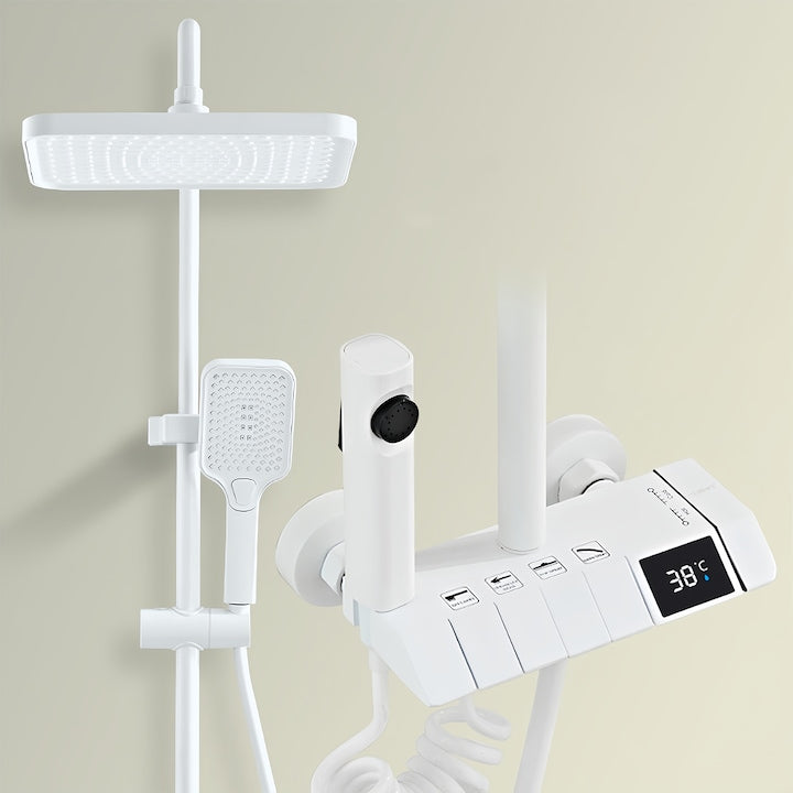 Complete shower column Complete shower column with piano control buttons LED display Premium materials Showerhead Brass Stainless steel Adjustable height Modern design without water temperature display White