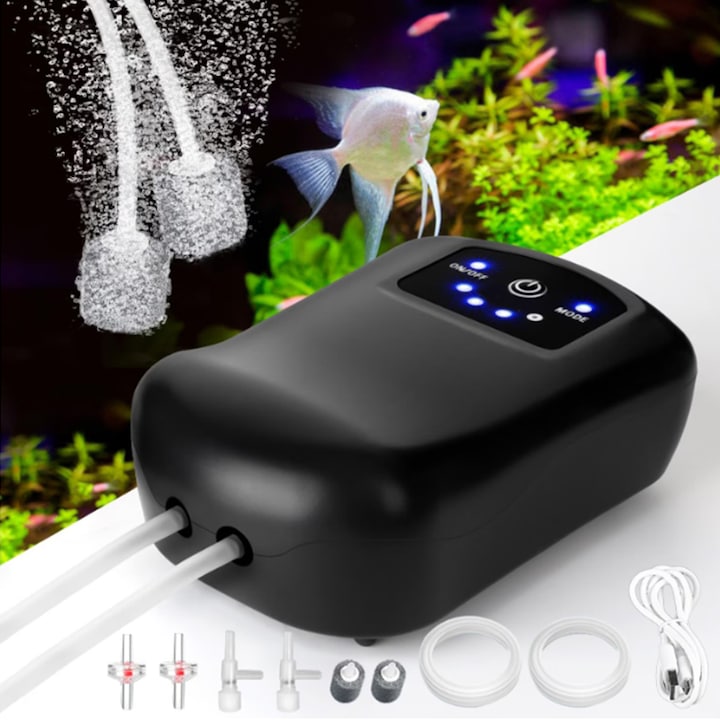 Pompa de oxigen portabila ZOUN USB reincarcabila design silentios set complet cu tuburi de oxigen si pietre de oxigen furtun de 2m pentru pescuit in aer liber si situatii de urgenta negru