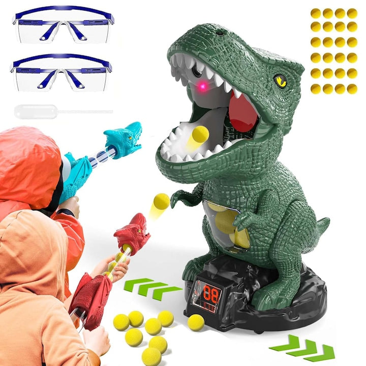 Jucarie interactiva de tras la tinta cu dinozaur 2 pistoale cu pompa de aer 24 bile din spuma ecran cu scor si sunete pentru copii 3-8 ani OUYLAF Multicolor