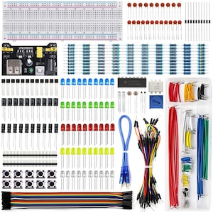 Set Componente Electronice Breadboard 830 puncte LED-uri compatibil Arduino si Raspberry Pi Pentru UNO R3 modul de alimentare 400+ piese cutie transparenta