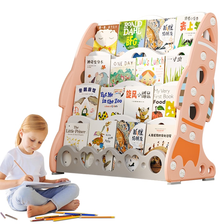 Raft de Carti pentru Copii Wacorresi Raft pentru carti Copii 4 niveluri pentru depozitare jucarii caiete si reviste 56x55x25cm roz