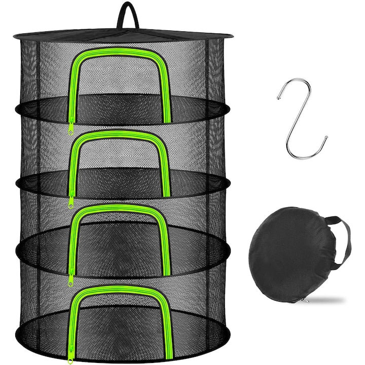 Foldable Drying Rack Mesh Fantasy Design with large U-shaped opening Mesh for Drying Plants, Vegetables and Fruits Equipped with an S-shaped hook, 4 Layers, 60*60*80 cm, Mesh fabric + steel frame, Hanging and Foldable