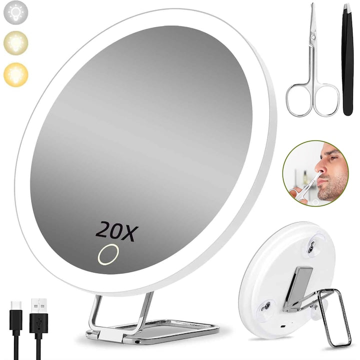 20X Magnifying Lighted Mirror Magnifying Travel Makeup Mirror 3-Color Adjustable Light for Makeup Rechargeable and Foldable Beauty Mirror with Tweezers and Scissors