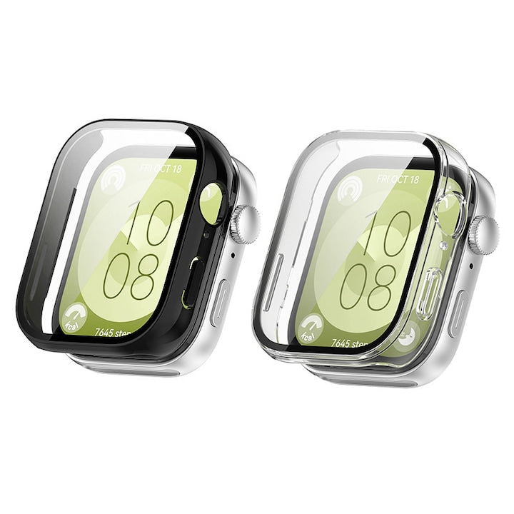 Set of 2 Full Body Cases compatible with Huawei Watch Fit 3 Screen Protector Black/Transparent