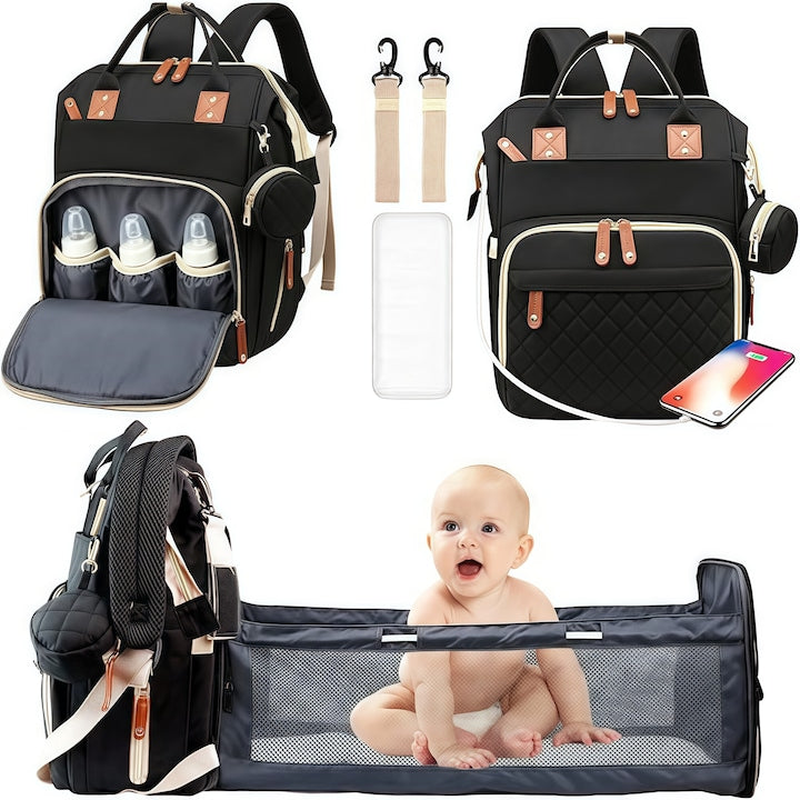 RorAem Extendable Crib Backpack, Multifunctional Diaper Bag for Moms with 17 Compartments, Baby Backpack with Extendable Crib, Phone Charging Port, Thermal Pocket, 56 L, Stroller and Trolley Attachment, Oxford Fabric Material, Black