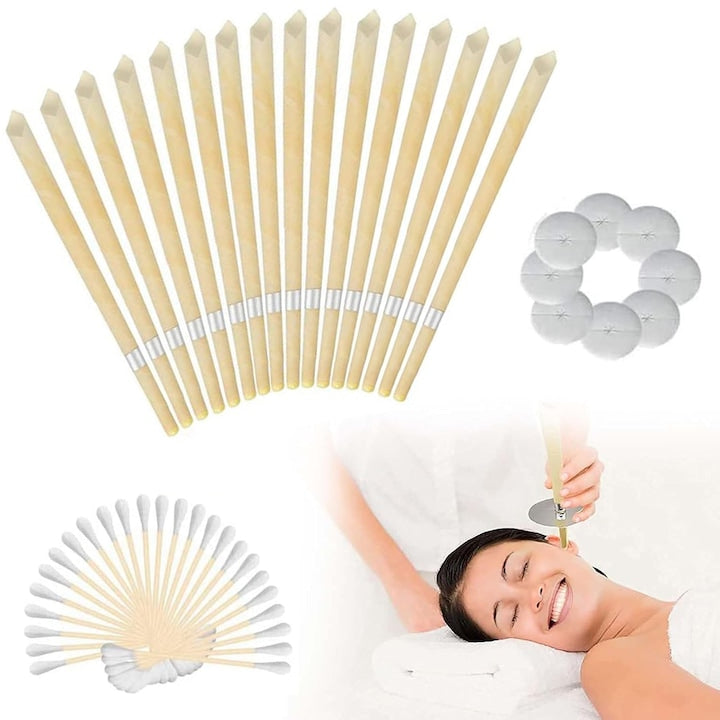Set lumanari pentru urechi din ceara de albine 16 buc galbene cu discuri de protectie