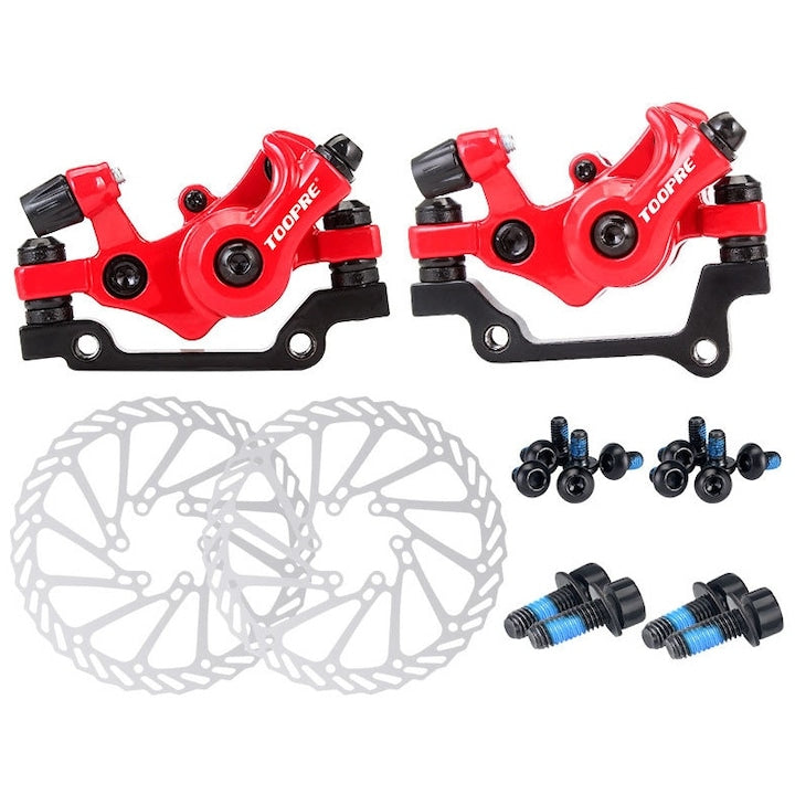 ZOUN Mechanical Disc Brake Set for Bicycle, Front and Rear Calipers, Brake Discs, Installation Tools, Aluminum, Red
